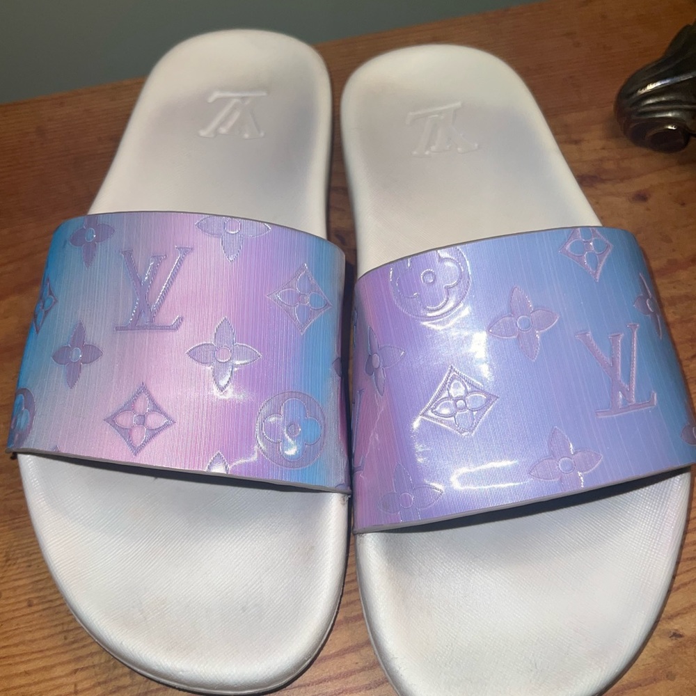 LV pool slides holographi sandals fits womens 8 white and purple slides SEE PICS